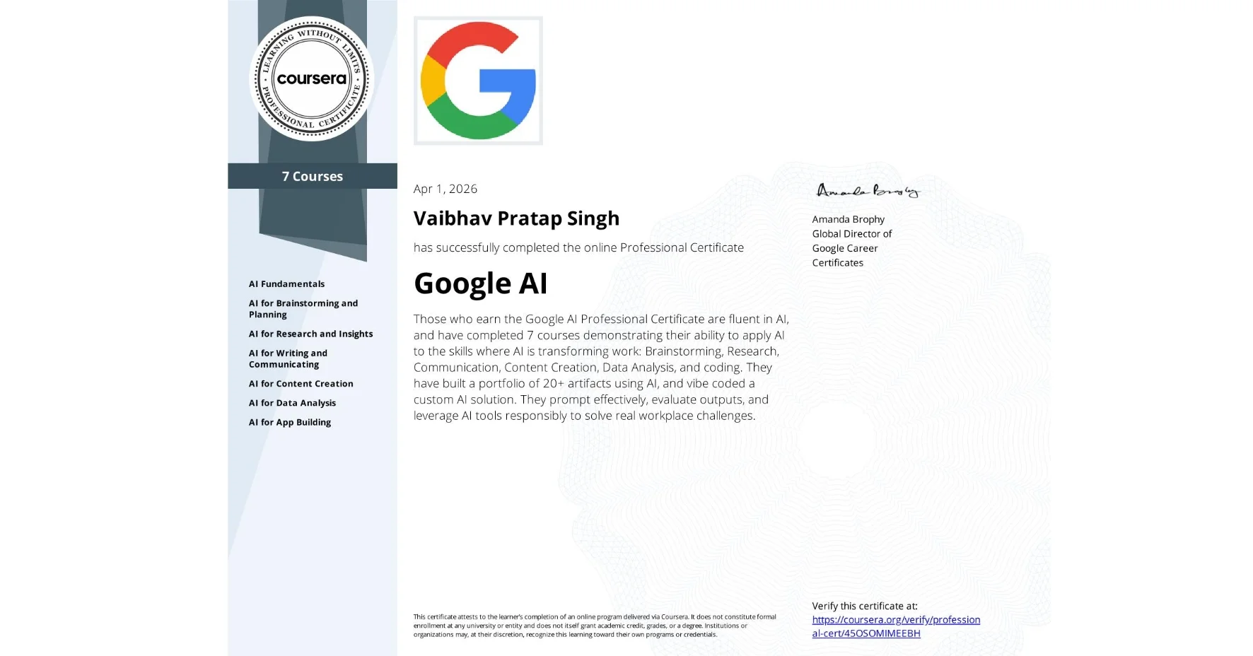 Google AI certificate — Coursera, Issued Apr 2026