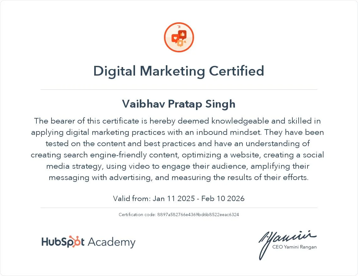 Digital Marketing certificate — HubSpot Academy, 2025